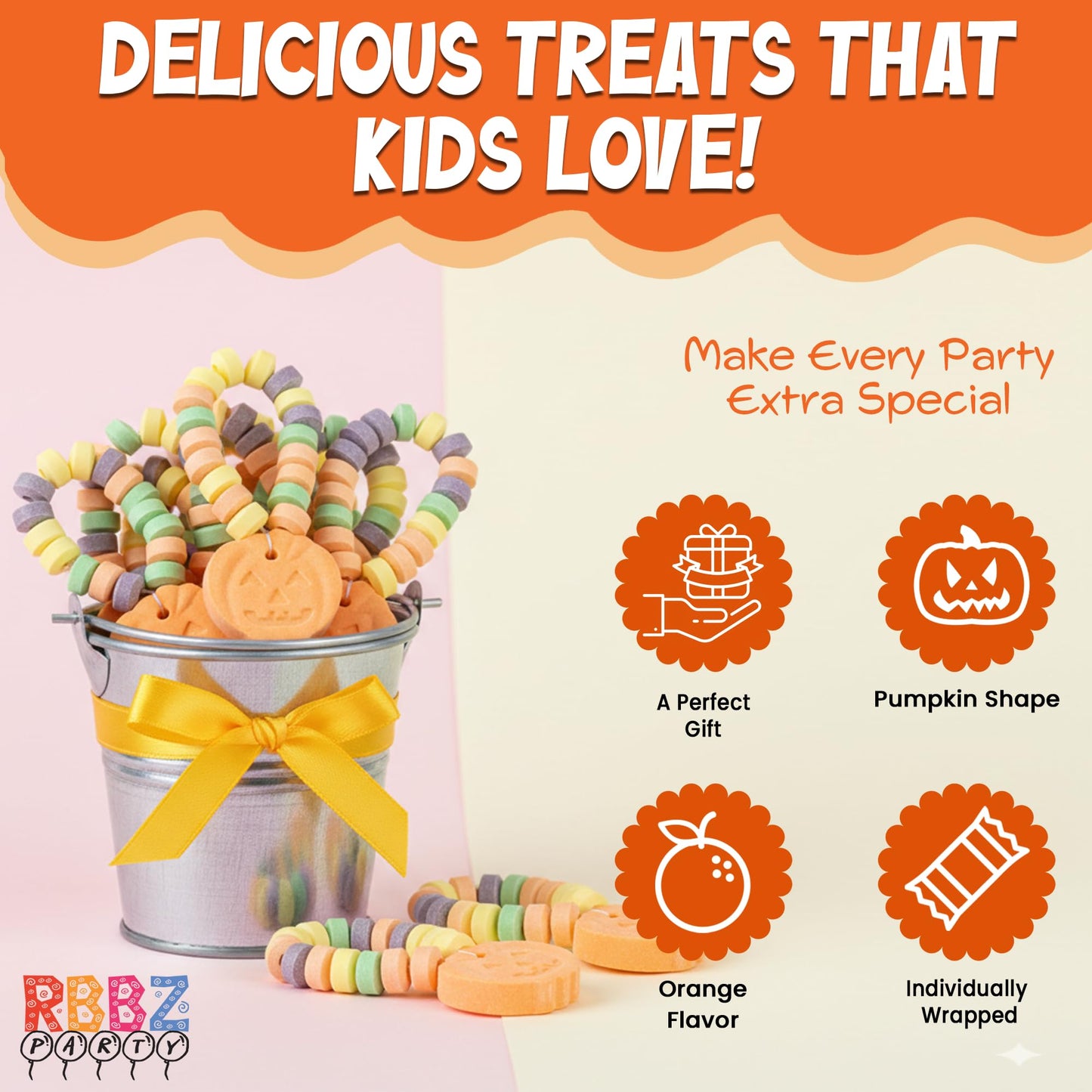 Pumpkin Candy Bracelets - 24 Thanksgiving Themed Snacks - Individually Wrapped Bulk Candy - Fall Goodies - Class Treats & Kids P