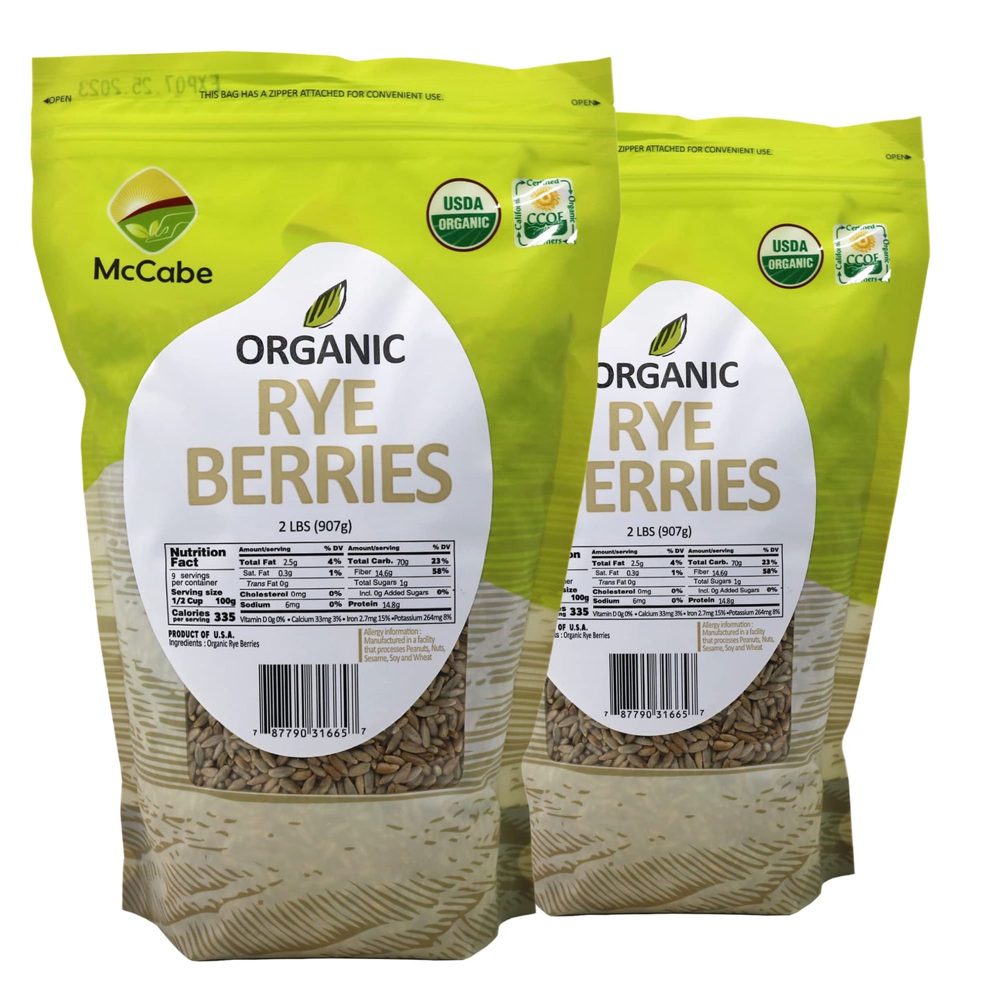 McCabe Organic Rye Berries - Whole Rye Berries 2 Lbs Pack of 2 | USDA Certified Organic and CCOF Certified | Product of USA