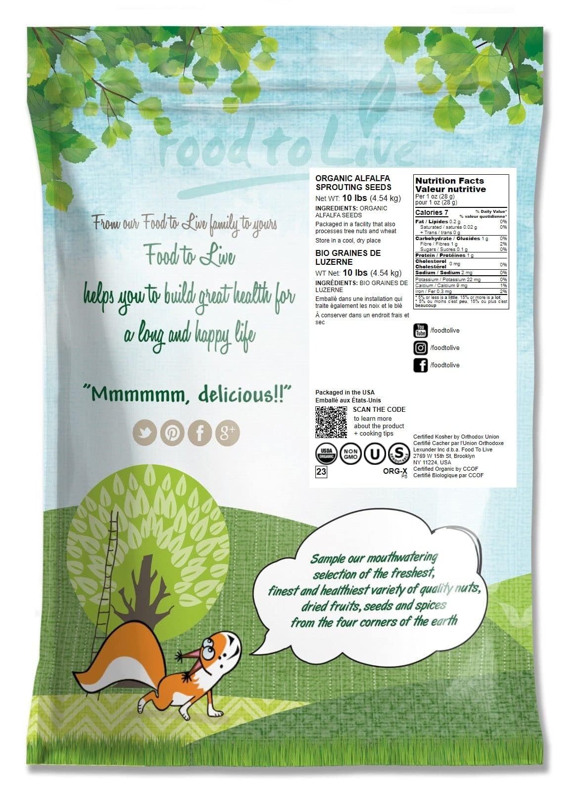 Food To Live - Alfalfa Seeds For Sprouting, 10 Pounds Edible Seeds, Pure, Vegan, Kosher, Bulk