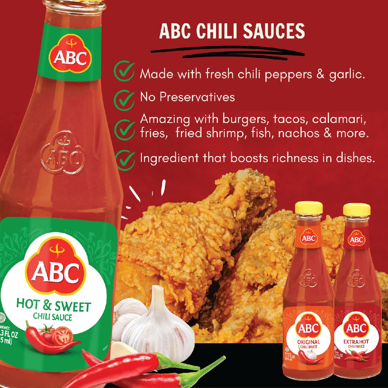 Abc Hot & Sweet Chili Sauce, 11.3 Oz, Spicy Sriracha Style Sambal, No Msg, Umami Flavor, Indonesian Bbq Dip Made With Chili & Ga