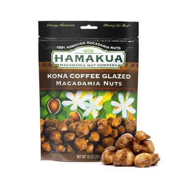 Hamakua Macadamia Nuts - Sweet Glazed Kona Coffee - 10 Ounce - Hawaiian Grown Dry Roasted Macadamias