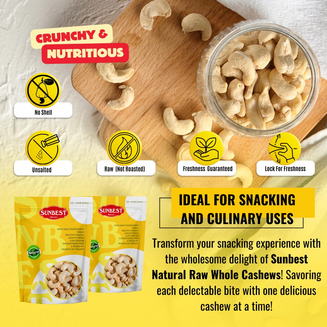SUNBEST NATURAL Whole Raw Cashew Nuts, Unroasted & Unsalted, 3 LB Resealable Bag, Non-GMO Vegan Snack for Cooking & Baking