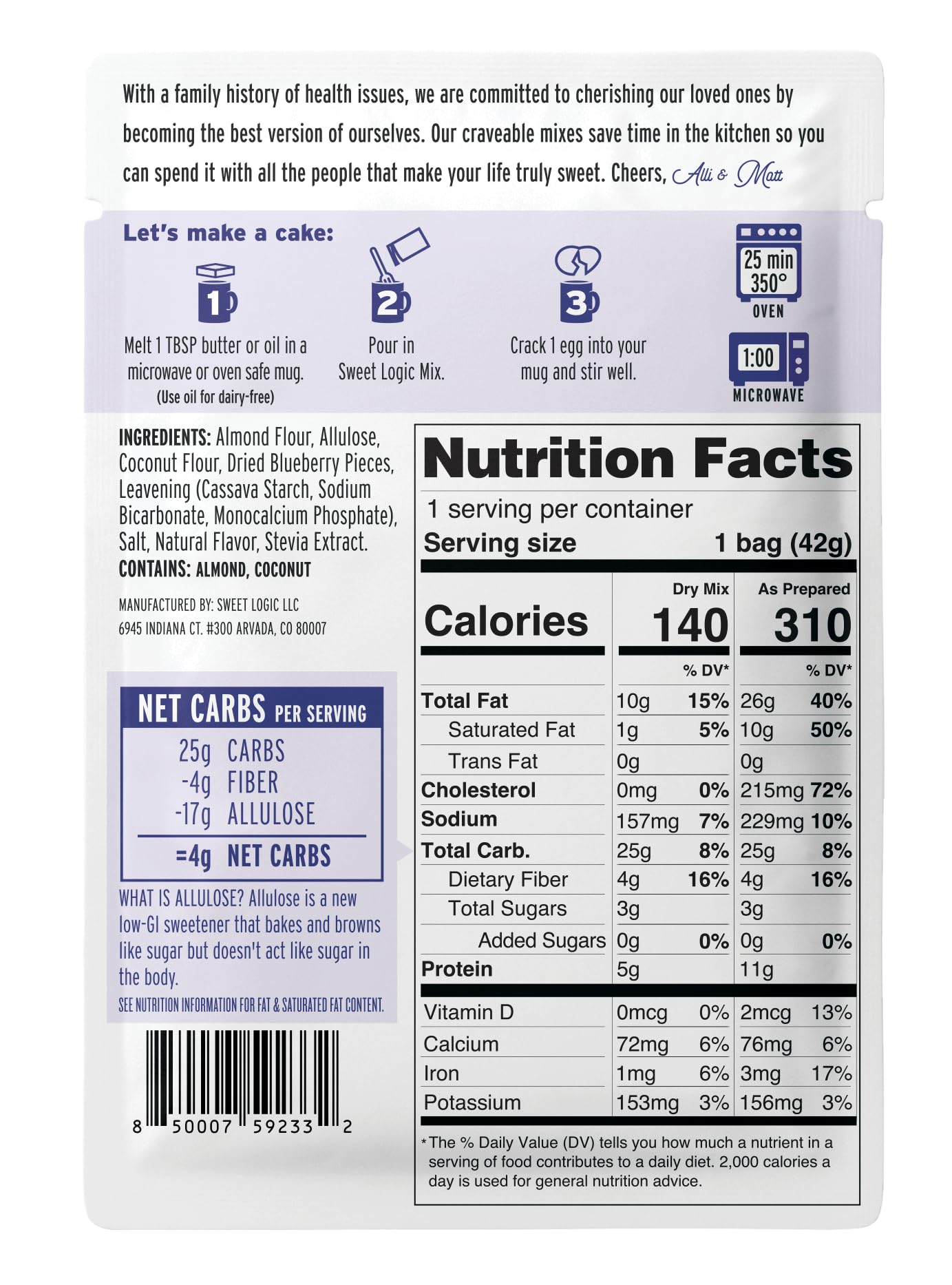 Sweet Logic Keto Dessert Mug Cake Mixes - Blueberry Muffin - Low Sugar - Gluten-Free - Low Carb - Diabetic-Friendly Sweets - Natural Ingredients - High Protein - Delicious Keto   (4 Pack)