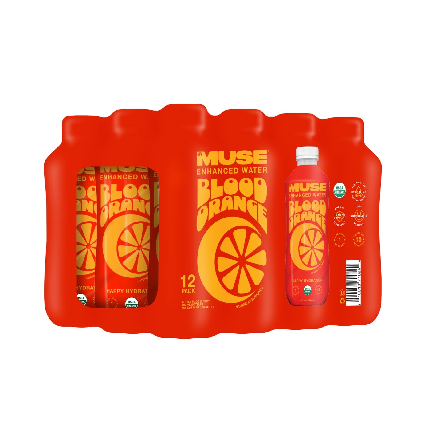 Mymuse Organic Enhanced Flavored Water, Blood Orange, 16.9 Fl Oz Bottle (12 Pack), 1G Of Sugar, Immune Support With Zinc & Elder