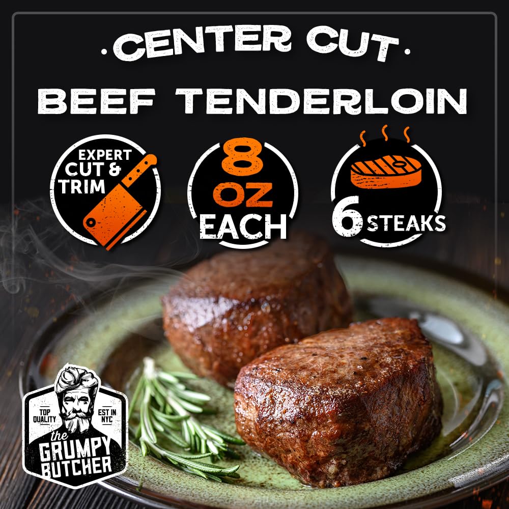 Grumpy Butcher Large Filet Mignon Steaks, 6 Pack (8 Oz Each) - Prime Steak House Size Beef Tenderloin Center Cut -With Steaks Gi