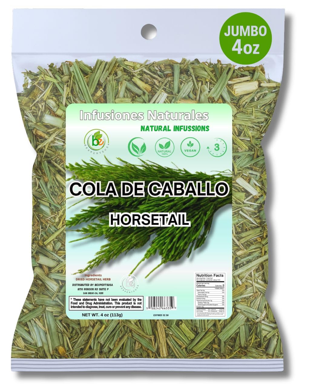 Cola de Caballo Herbal Tea - 4 oz (113 g) - 100% Natural Horsetail Loose Leaf Tea (Shave Grass) - Traditional Mexican Remedy - Caffeine-Free  Vegan  Non-GMO  Gluten-Free - by BexpertsUSA