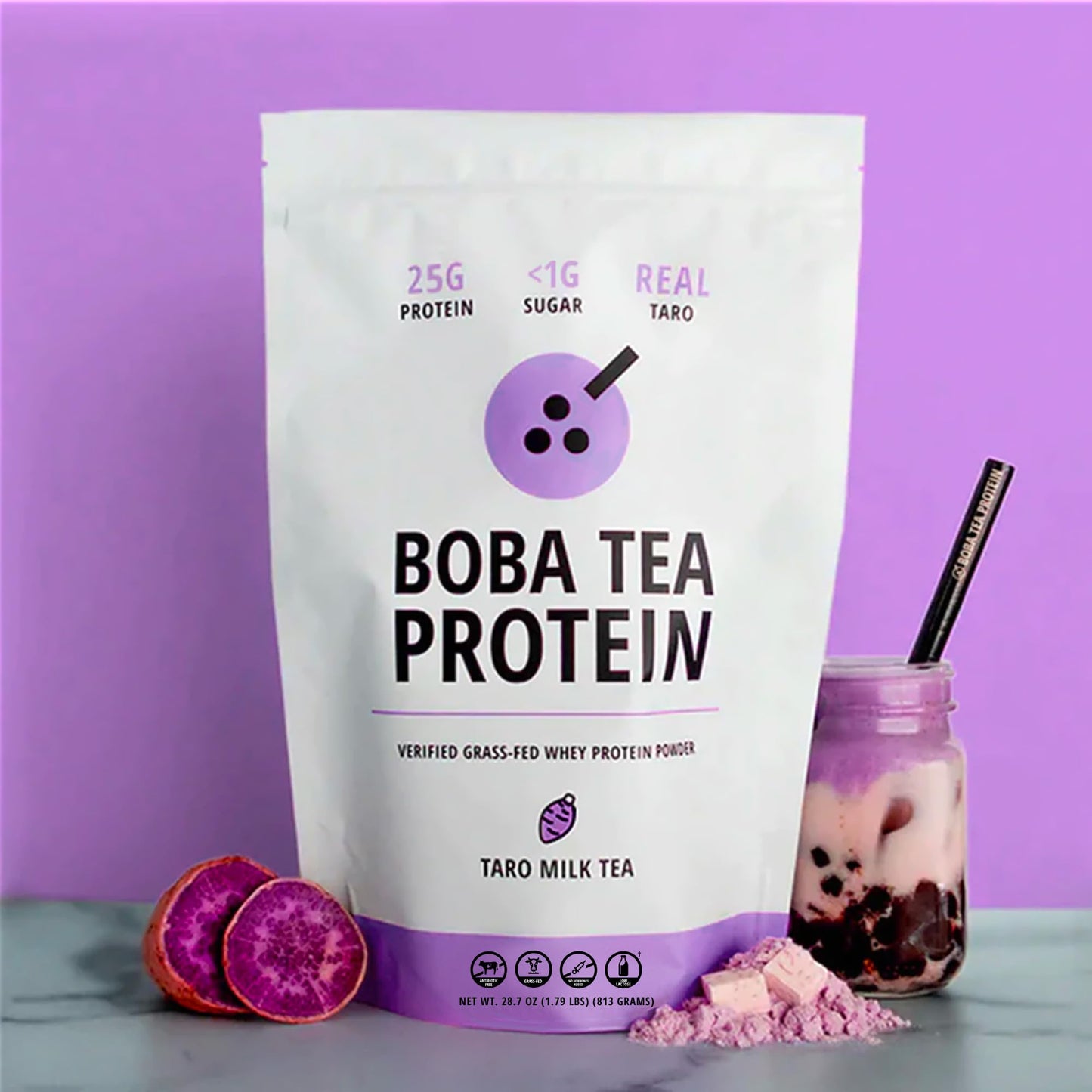 Taro Milk Tea | 25g Grass-Fed Whey Protein Isolate Powder | Gluten-Free & Soy-Free Bubble Tea Protein Drink | Real Ingredients &