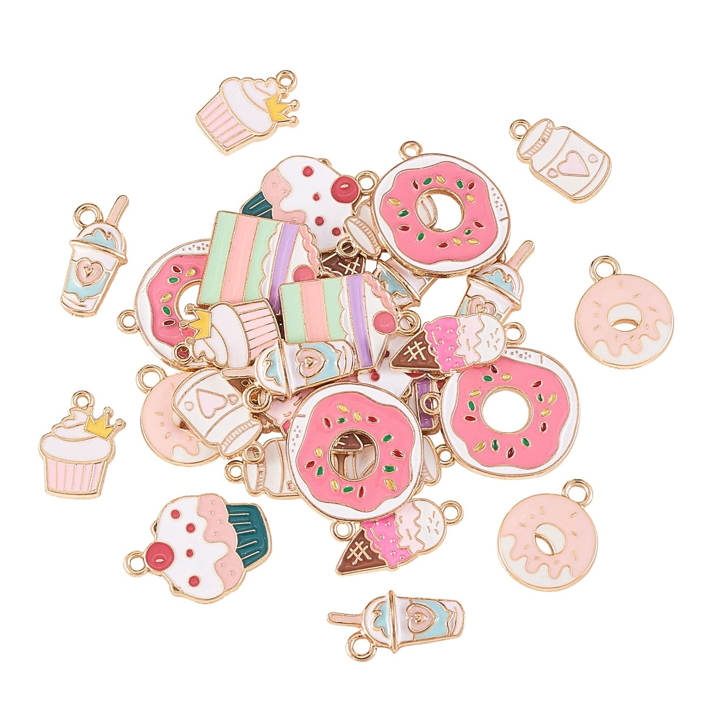 LiQunSweet 40 Pcs 8 Styles Cake Dessert Charms Cupcake Donut Cookies Food Ice Cream Bubble Mik Tea Juice Drink Enamel Small Dang