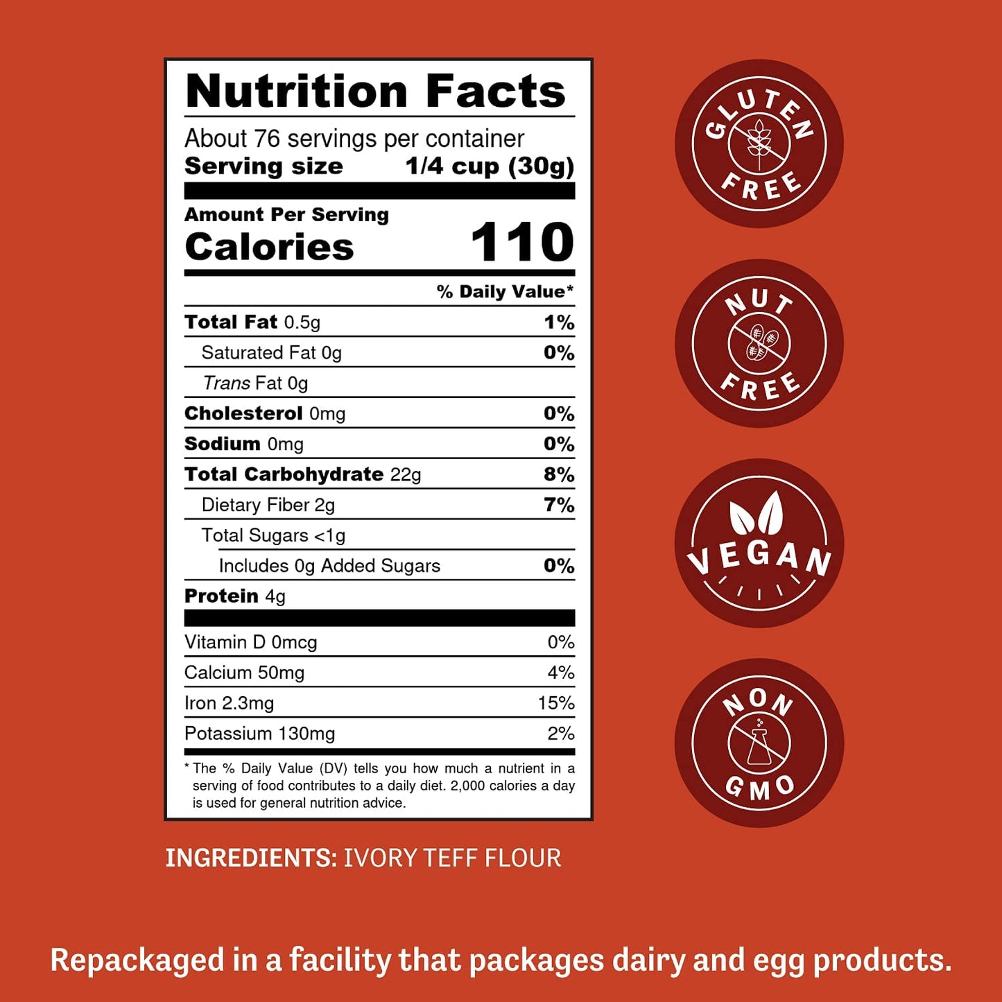 Judees Teff Flour - Gluten-Free, Non-GMO, Vegan, 5 lb - Great for Baking Bread, Muffins, Pancakes, and Cookies
