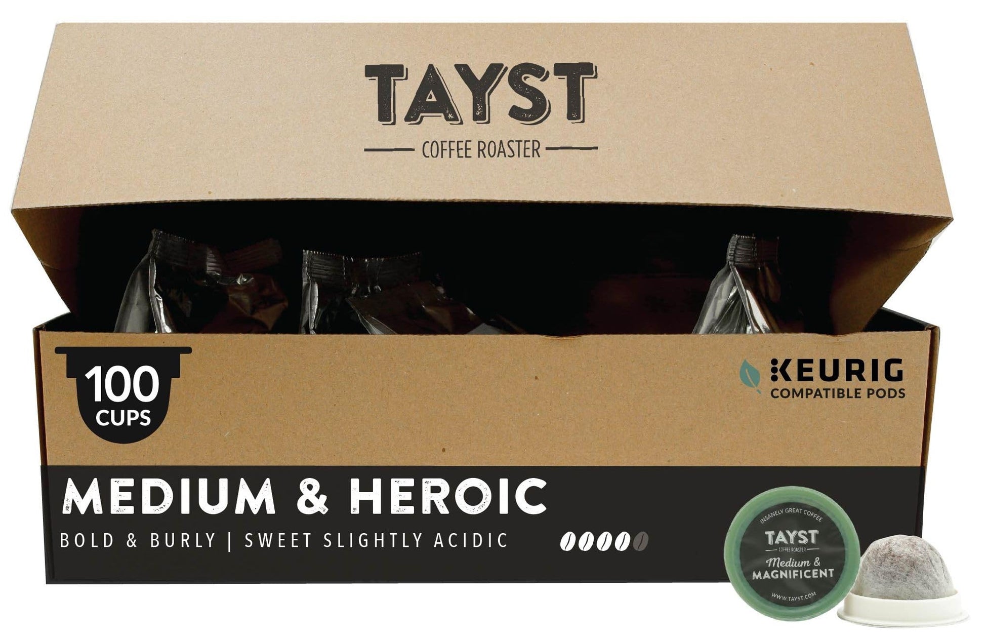 Tayst Coffee Pods, Medium & Heroic Medium Roast, K Cups Compatible with Keurig Coffee Maker, Sustainable Single Serve, Pack of 1