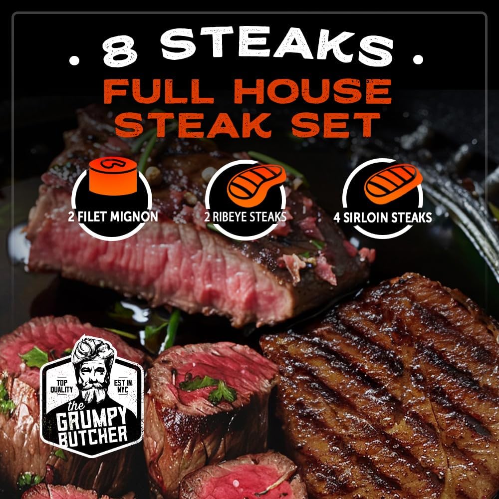 Grumpy Butcher 8 Steaks Full House Set - 4 Top Sirloin Steak (6 Oz), 2 Ribeye (14 Oz), 2 Filet Mignon (8 Oz) - Food Gifts Of Pre