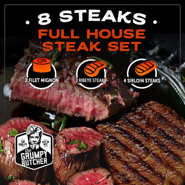 Grumpy Butcher 8 Steaks Full House Set - 4 Top Sirloin Steak (6 Oz), 2 Ribeye (14 Oz), 2 Filet Mignon (8 Oz) - Food Gifts Of Pre