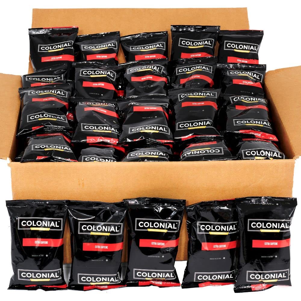 Colonial Coffee Packets  Pre Ground Coffee Packs  High Caffeine Blend  Medium - Dark Roast  Bulk Single Pot Bags for Drip Coffee Makers  (2.5 oz Bags  Pack of 100)