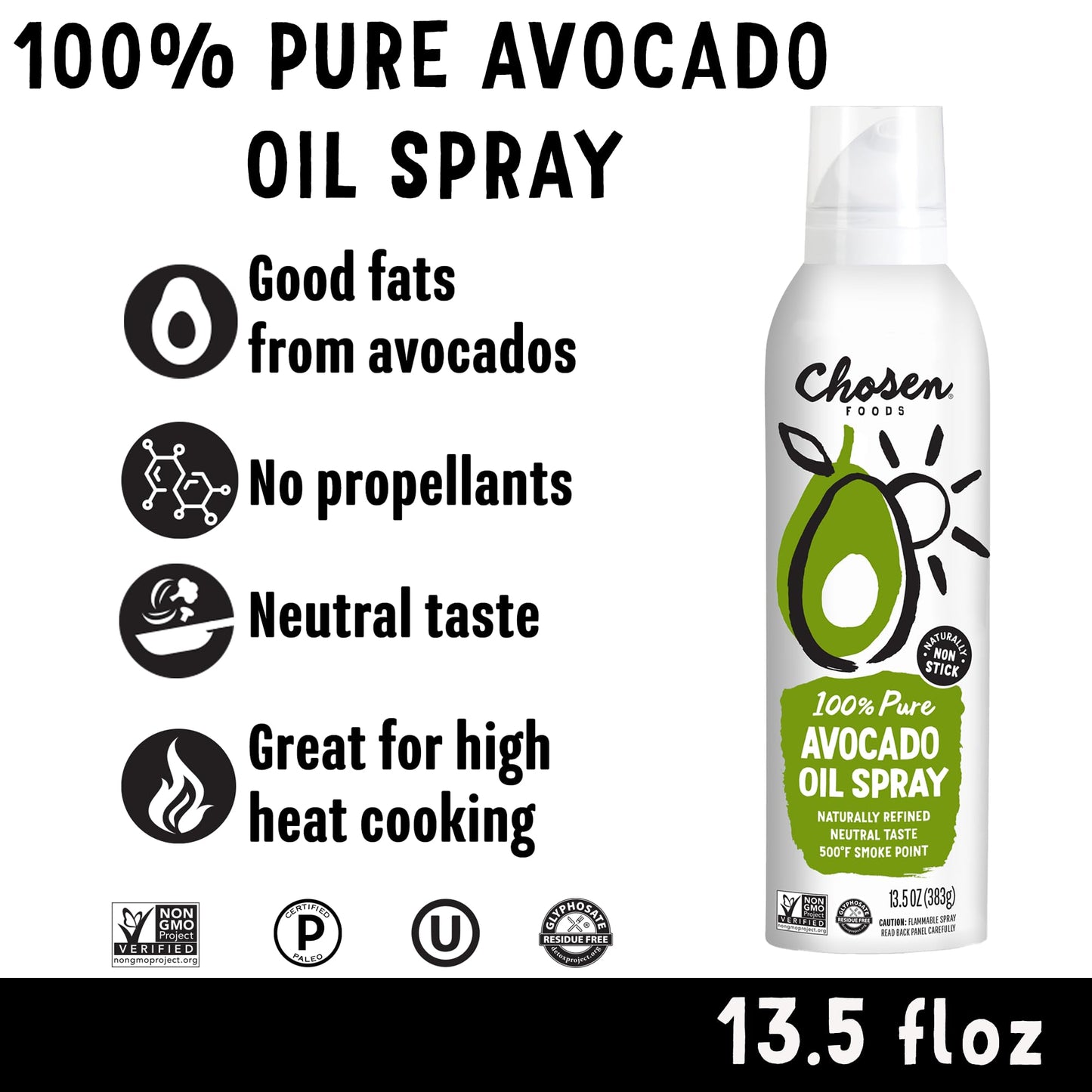 Chosen Foods 100% Pure Avocado Oil Spray, Keto And Paleo Diet Friendly, Kosher Cooking Spray For Baking, High-Heat Cooking And Frying (13.5 Oz)