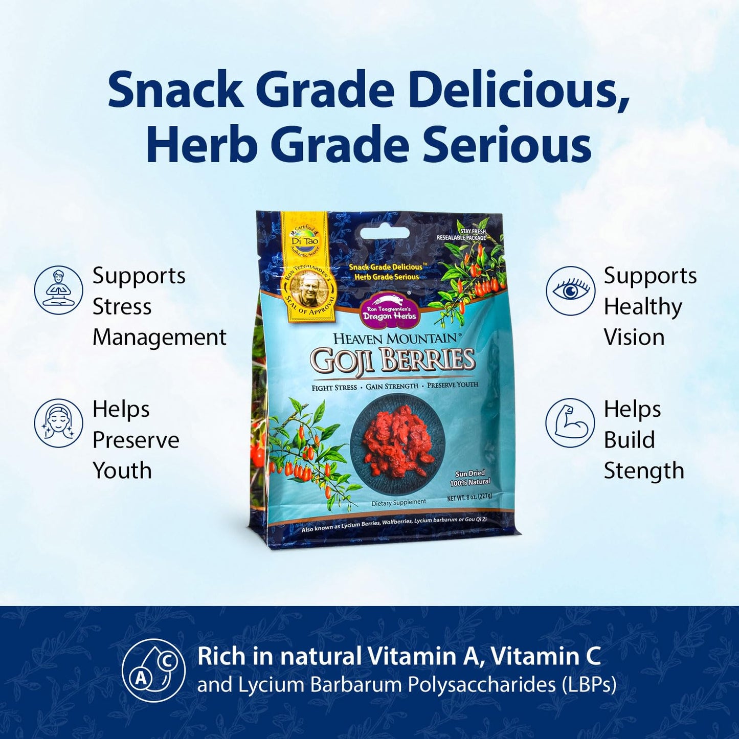 Dragon Herbs Heaven Mountain Goji Berries 8 oz. (227g), moist, fight stress, gain strength, eye vision tonic, all natural ingred