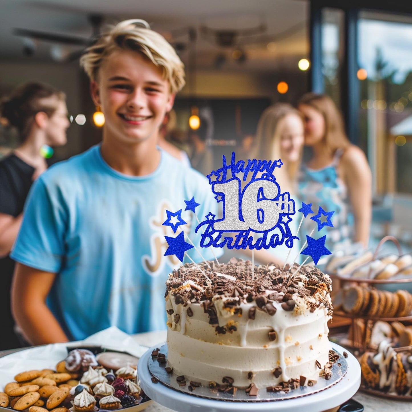 Happy 16Th Birthday Cake Topper, Blue And Silver Glitter Cake Toppers, 16 Year Birthday Party Cake Decoration