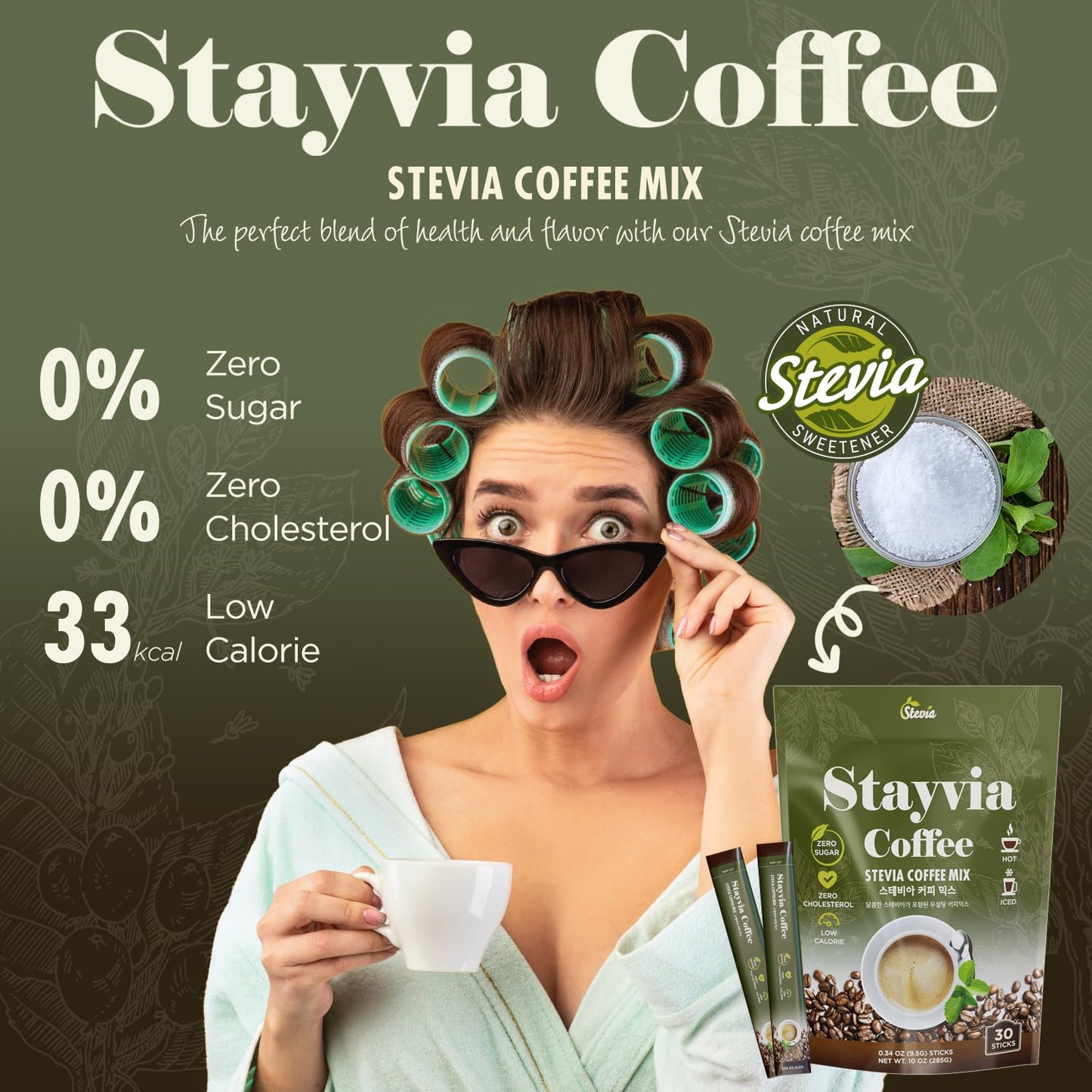 STAYVIA COFFEE Stevia Instant Coffee Packets - Sugar-Free & Low Calorie - 30 Sticks (0.34oz) - Plant-Based Sweetener