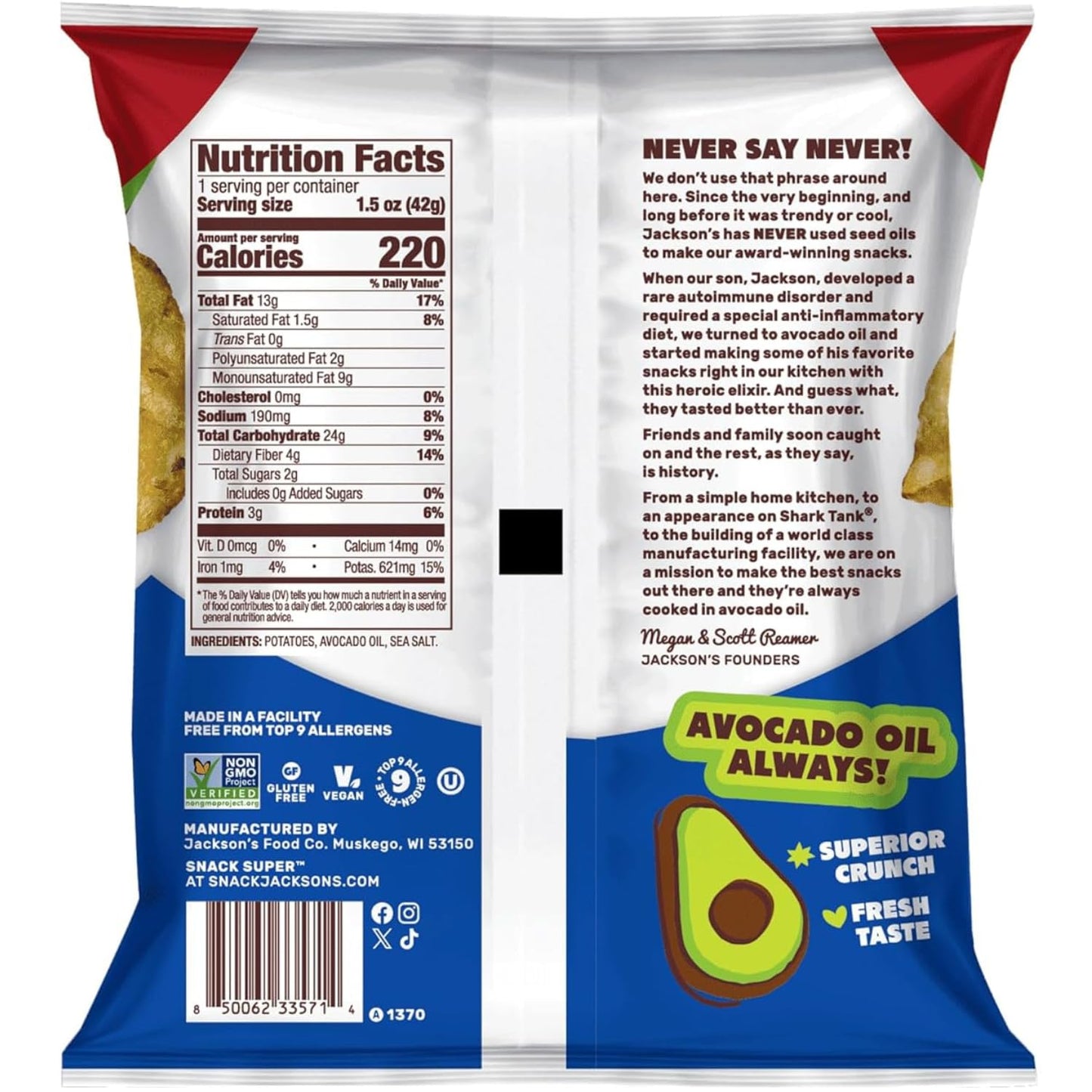 Jacksons Kettle Chips Sea Salt - 1.5oz Pack of 10 - Vegan, Gluten Free, Allergen-Friendly, Made with Avocado Oil