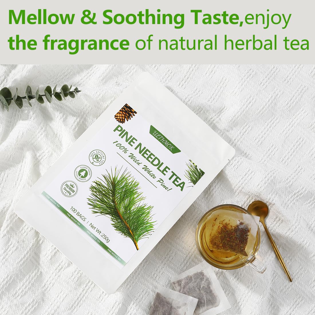 Enhanced 100 Pine Neddle Tea Bags,100% Picked From Natural Wild Pine Neddle, No Caffeine & No Additives.