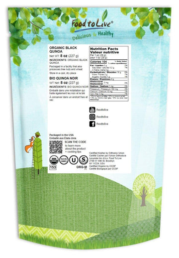 Food To Live Organic Black Quinoa, 8 Ounces - Non-Gmo, Whole Grain, Sproutable, Kosher, Vegan, Sirtfood. Easy To Cook. Good Sour