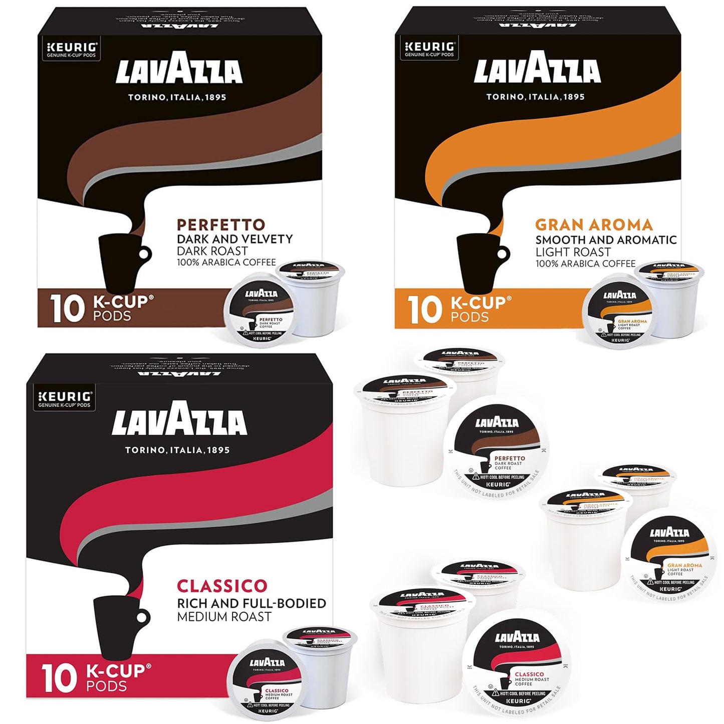 Lavazza K-Cups Coffee Pods Variety Pack - 30 Count - Classico, Perfetto & Gran Aroma - 100% Arabica - Light, Medium & Dark Roast