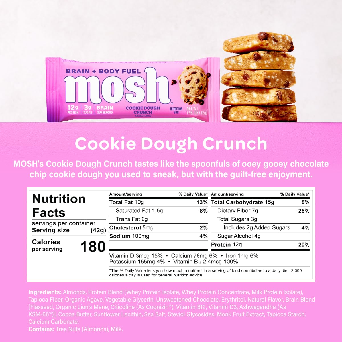 Mosh Cookie Dough Crunch Keto Protein Bars, High Fiber, Low Carb, Gluten Free, High Protein, Brain Healthy Snack, 12 Count
