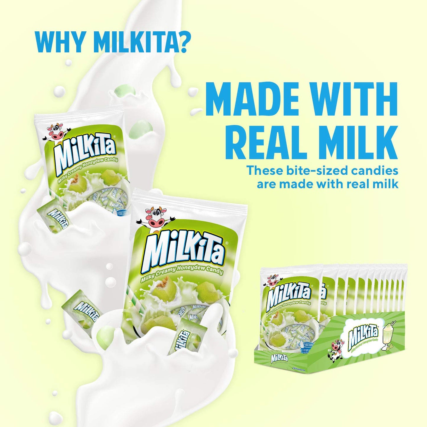 Milkita Creamy Shake Candy Bag, Gluten Free Chewy Candies With Calcium & Real Milk, Zero Trans Fat, Low-Sugar, Honeydew Flavor,