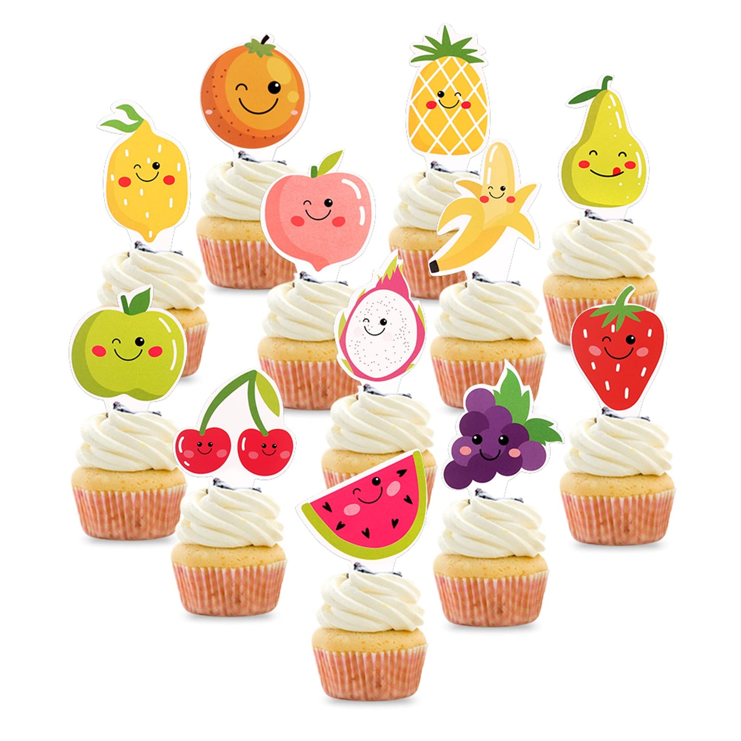 Cyodoos 24Pcs Tutti Fruity Fruit Cupcake Toppers - Tropical Summers Kids Happy Birthday Cake Toppers - Watermelon, Lemon, Strawb