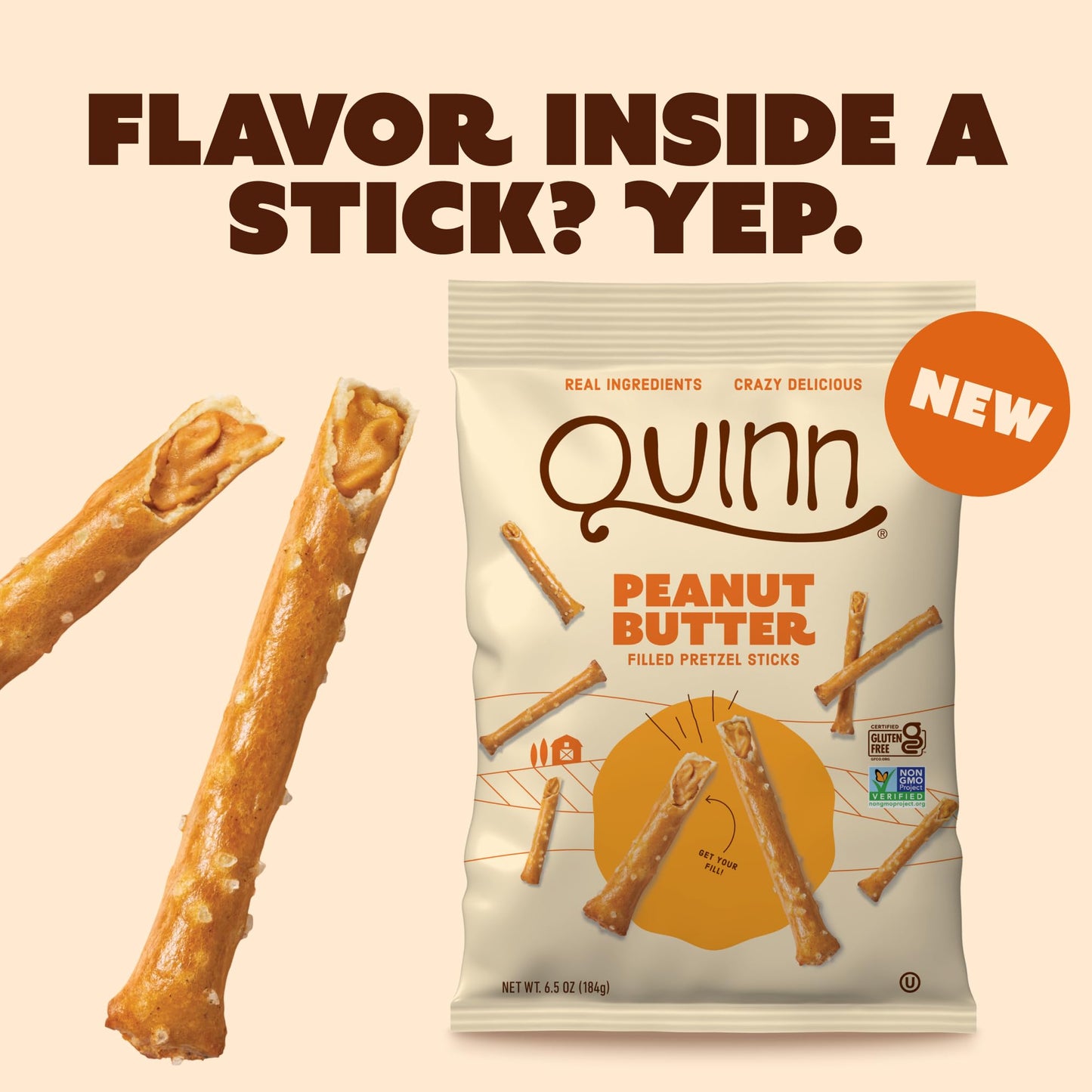 Quinn Peanut Butter Filled Pretzel Sticks, Gluten Free, Dairy Free, Vegan, 6.5 oz (Pack of 4)