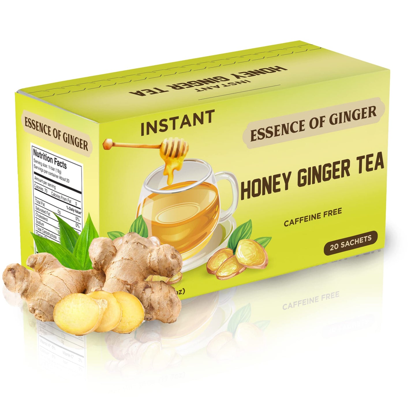 Elephant Park Natural Honey Ginger Crystals Instant Herbal Tea Bags - 20 Packets, Caffeine Free, Made with Real Honey and Fresh Ginger Root