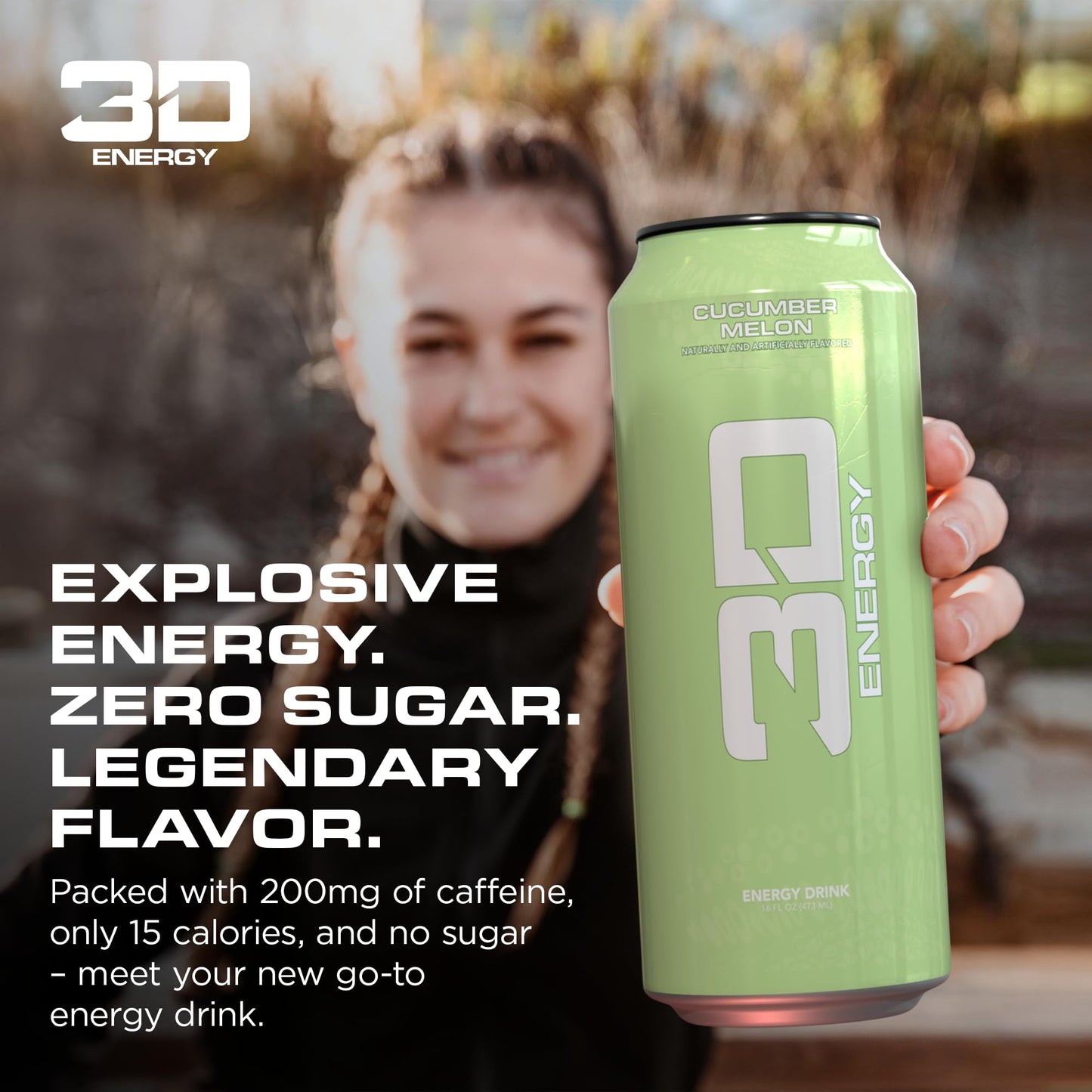 3D Energy Drink - Sugar Free  200mg Caffeine  Pre Workout  Taurine  L-Carnitine  Lightly Carbonated  16oz Cans  12 Pack - Cucumber Melon