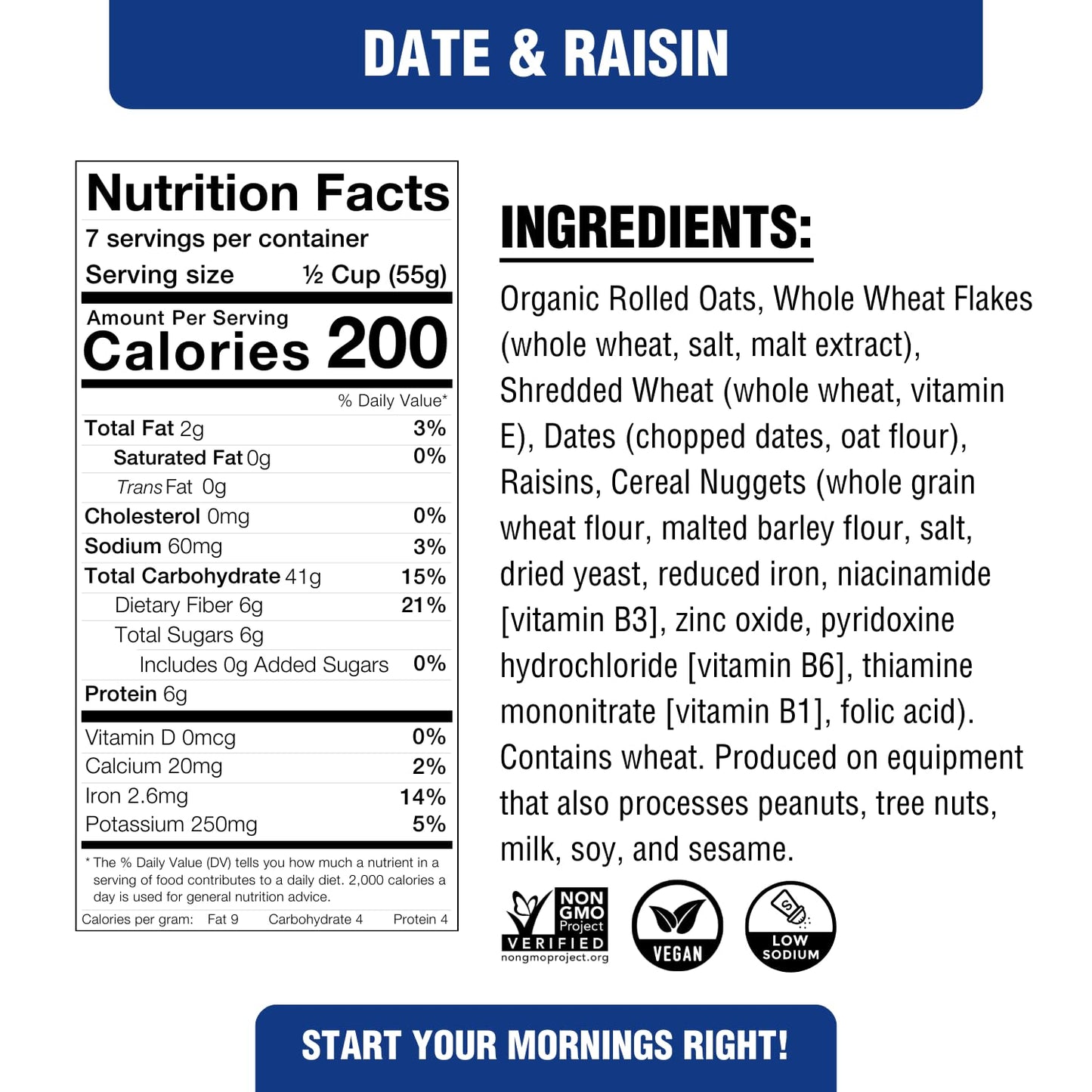 Plant-Strong Rips Big Bowl Cereal - Date & Raisin, Non-GMO, Whole-Grain, 6-Pack of 9oz Bags