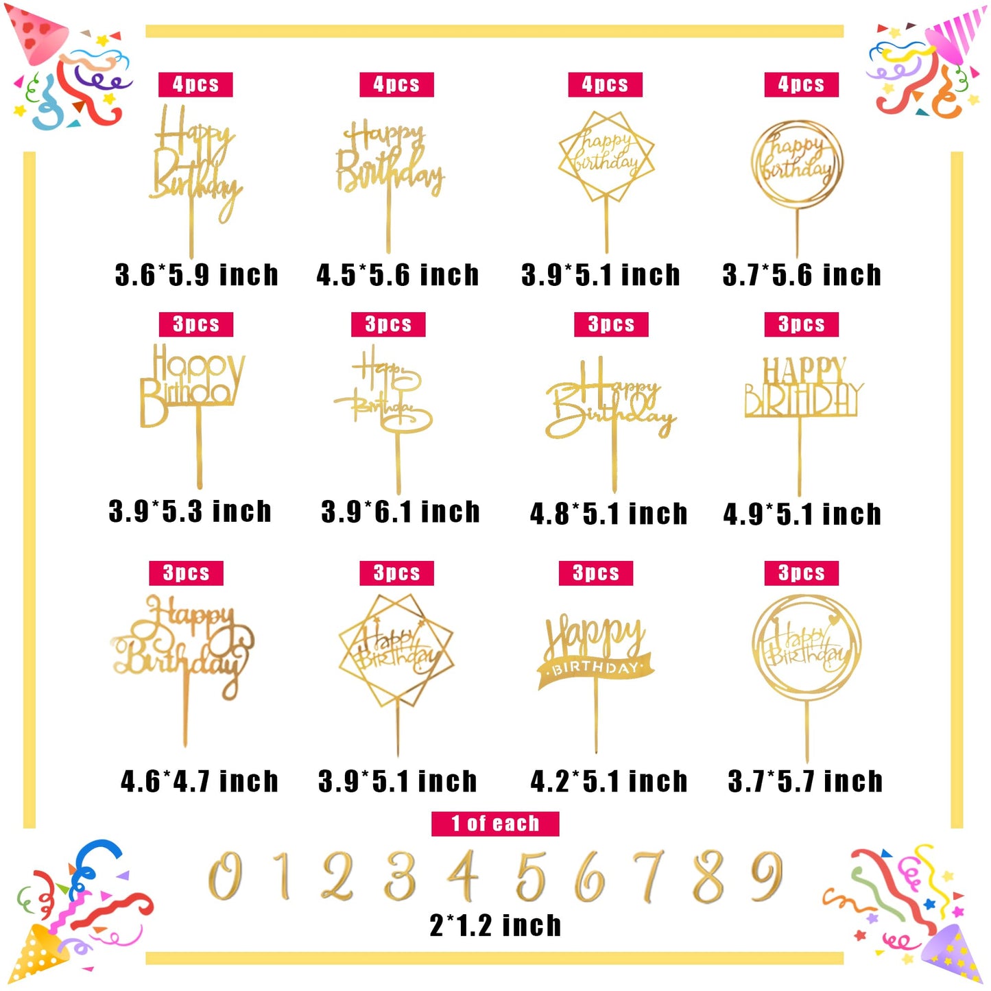 50 Pcs Gold Happy Birthday Cake Topper Acrylic Birthday Cupcake Topper Pick For Birthday Party Cake Desserts Pastries Decoration