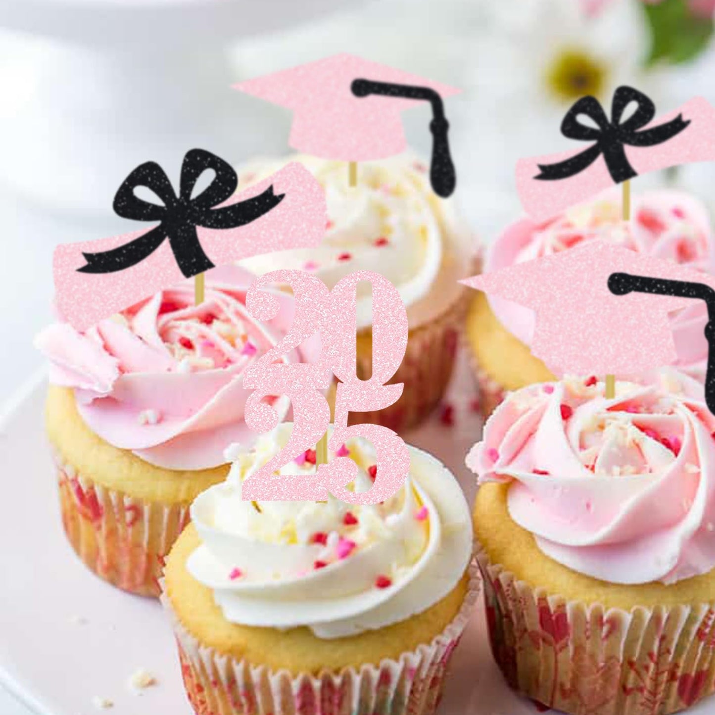 Domoo Of Dreams Graduation Cupcake Toppers Grad Party Decoration Food Picks Congrats Glitter Diploma Cap School Colors Supplies