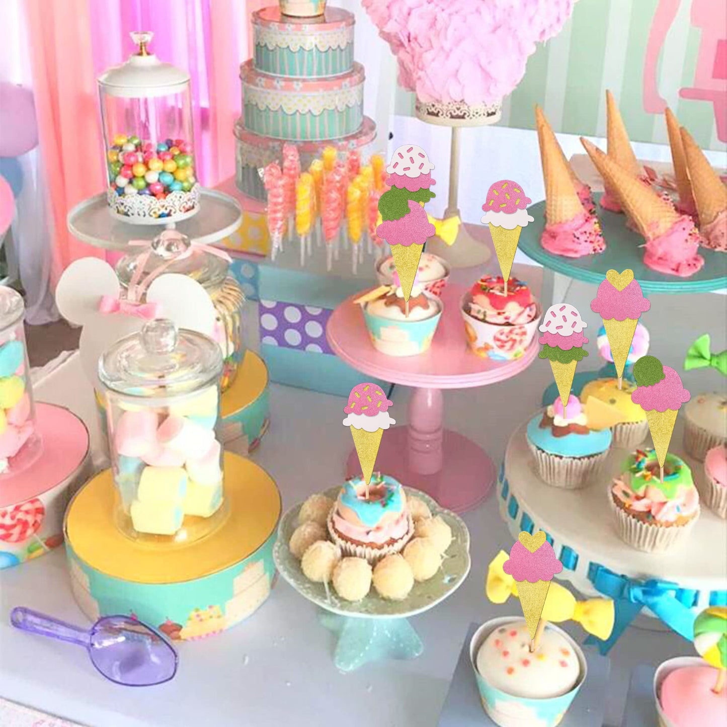 24 Pcs Ice Cream Cupcake Toppers Assembled Glitter Paper Ice Cream Luau Cupcake Picks For Summer Hawaii Theme Baby Shower Weddin
