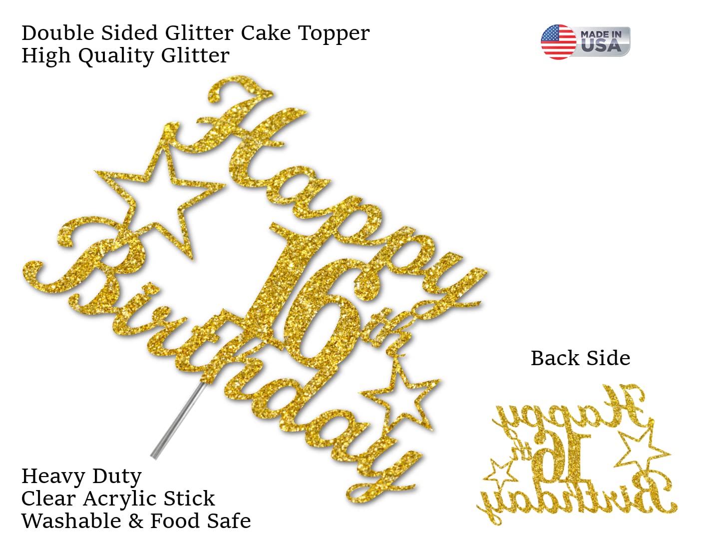 16 Birthday Cake Topper Gold Glitter, Party Decoration Ideas, Premium Quality, Sturdy Doubled Sided Glitter, Acrylic Stick. Made