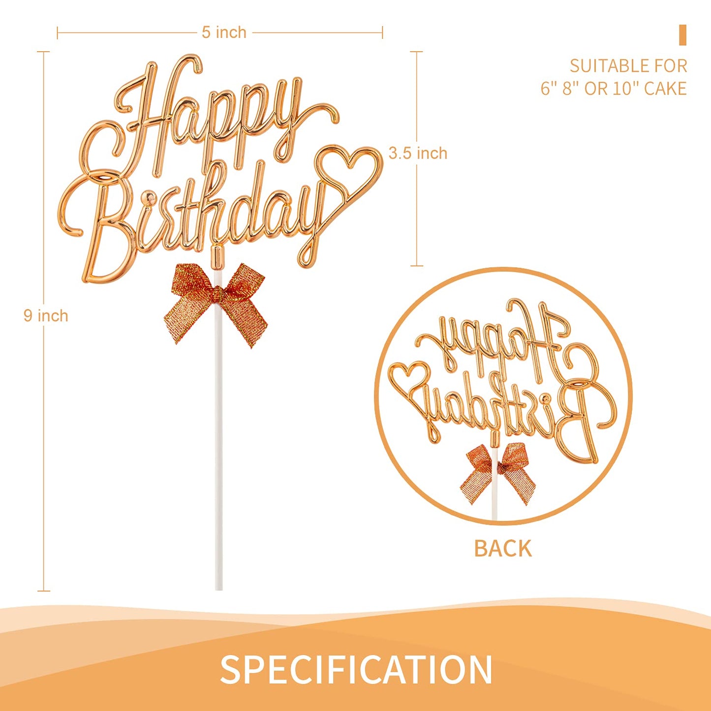 Gold Happy Birthday Cake Topper Plastic - 3D Double Sided Cursive Happy Birthday Sign For Cake With Bow, Idea For Birthday Cake
