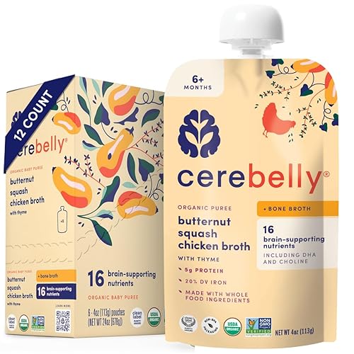 Cerebelly Organic Butternut Squash & Chicken Bone Broth Puree | 6+ Stage 1 2 Months Baby Food Pouches | Non-Gmo, Tested For Heav