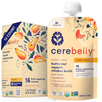 Cerebelly Organic Butternut Squash & Chicken Bone Broth Puree | 6+ Stage 1 2 Months Baby Food Pouches | Non-Gmo, Tested For Heav