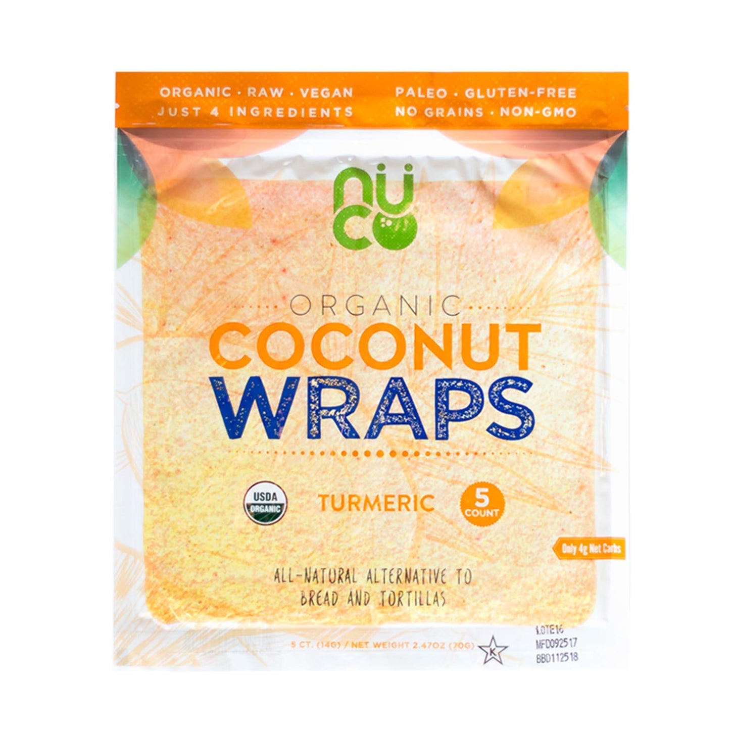 NUCO Certified ORGANIC Paleo Gluten Free Vegan Turmeric Coconut Wraps, 5 Count (One Pack of Five Wraps)