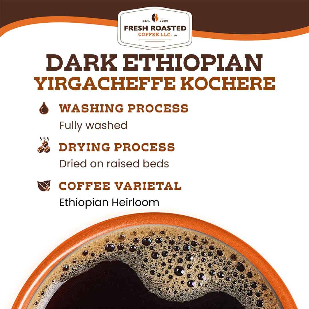 Fresh Roasted Coffee, Dark Ethiopian Yirgacheffe Kochere, 5 Lb (80 Oz), Dark Roast, Kosher, Ground