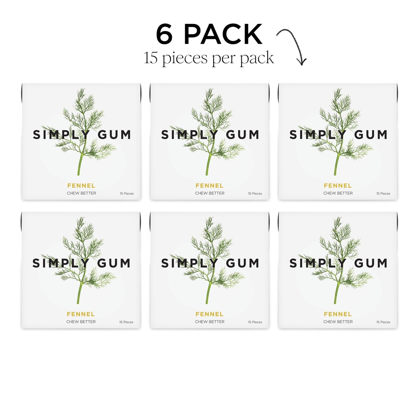 SIMPLY Gum Fennel, Plastic-Free Natural Chewing Gum, 6 Pack (90 Pieces) | Vegan, Kosher, Non GMO, Aspartame Free and Sorbitol Fr