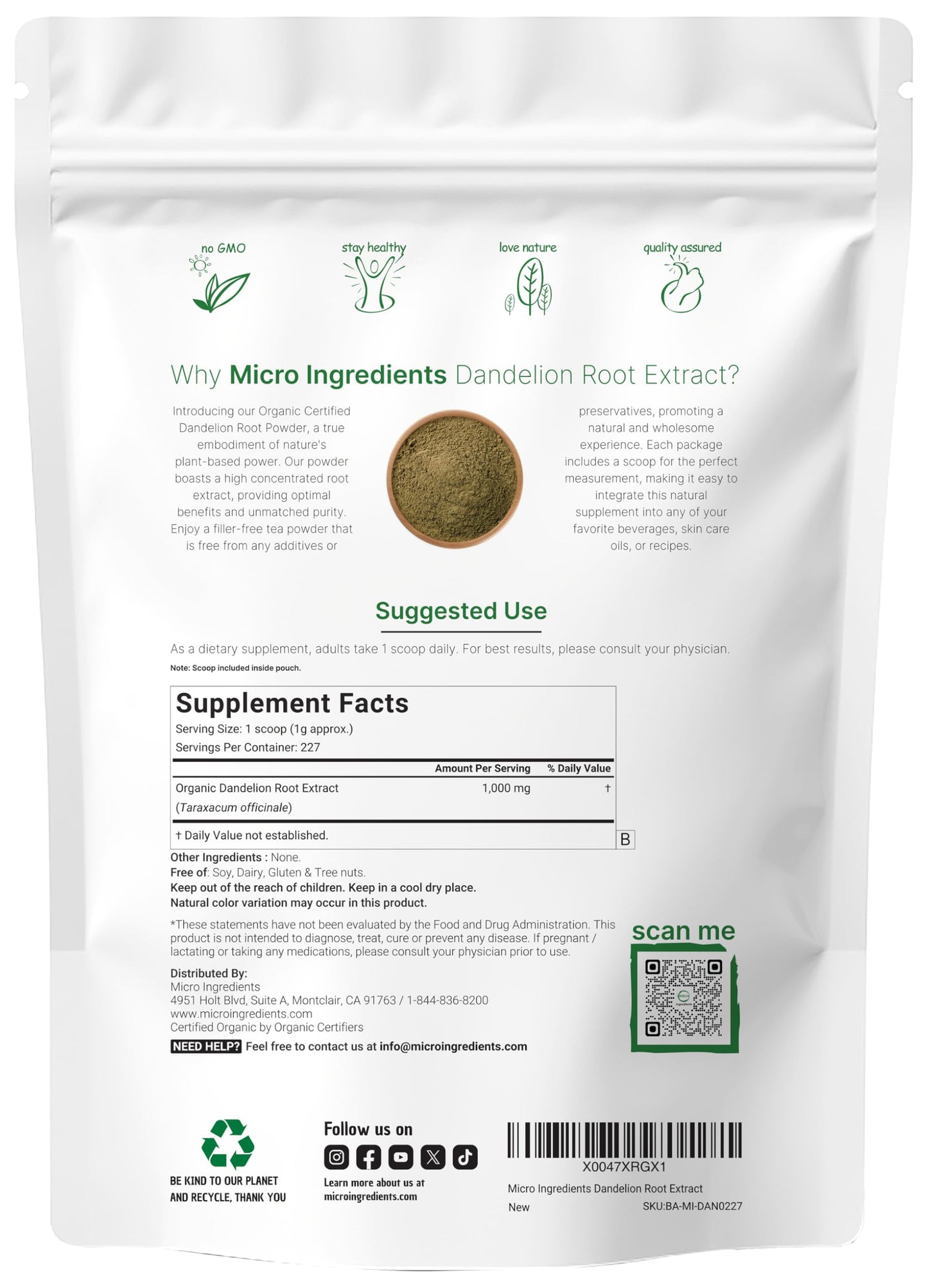 Micro Ingredients Organic Dandelion Root Tea Powder, Caffeine Free, 8oz, Non-GMO, 220 Servings