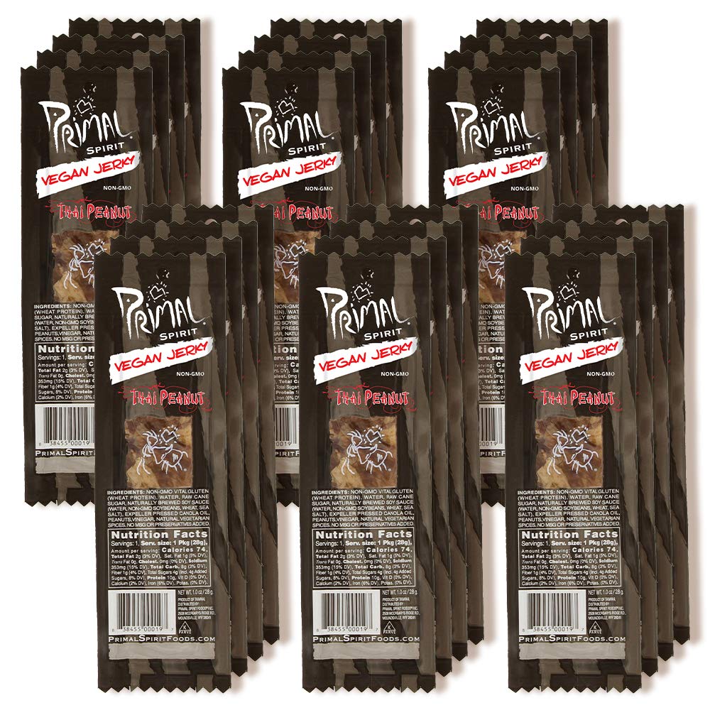 Primal Spirit Vegan Jerky - Classic Flavor    - Thai Peanut, 10 G. Plant Based Protein, Certified Non-Gmo, No Preservatives, Spo