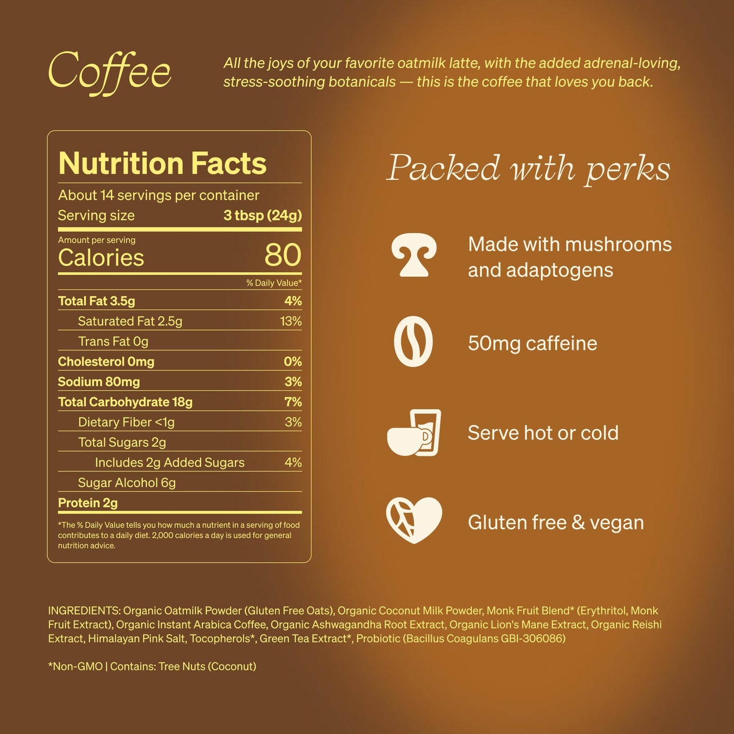 Clevr Mushroom Coffee Latte Instant Powder, Oat Milk, 12 Ounce, Fair Trade, Medium Roast, 14 Servings