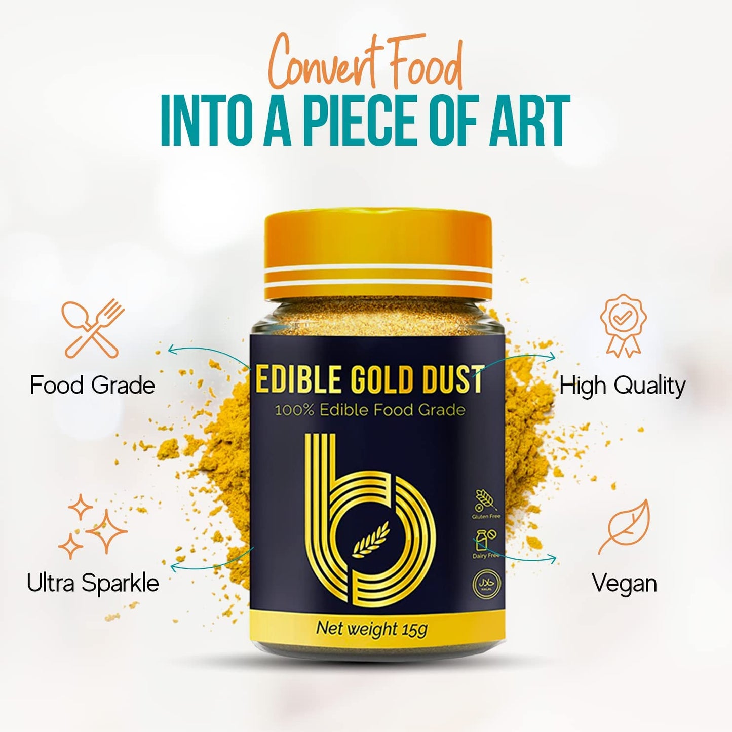 Bakeebake Gold Luster Dust Edible 15G - Edible Glitter For Drinks & Desserts - Gluten Free Edible Gold Dust For Cake Decorating – Tasteless Vegan Drink Glitter For Cocktails And Parties (Gold)
