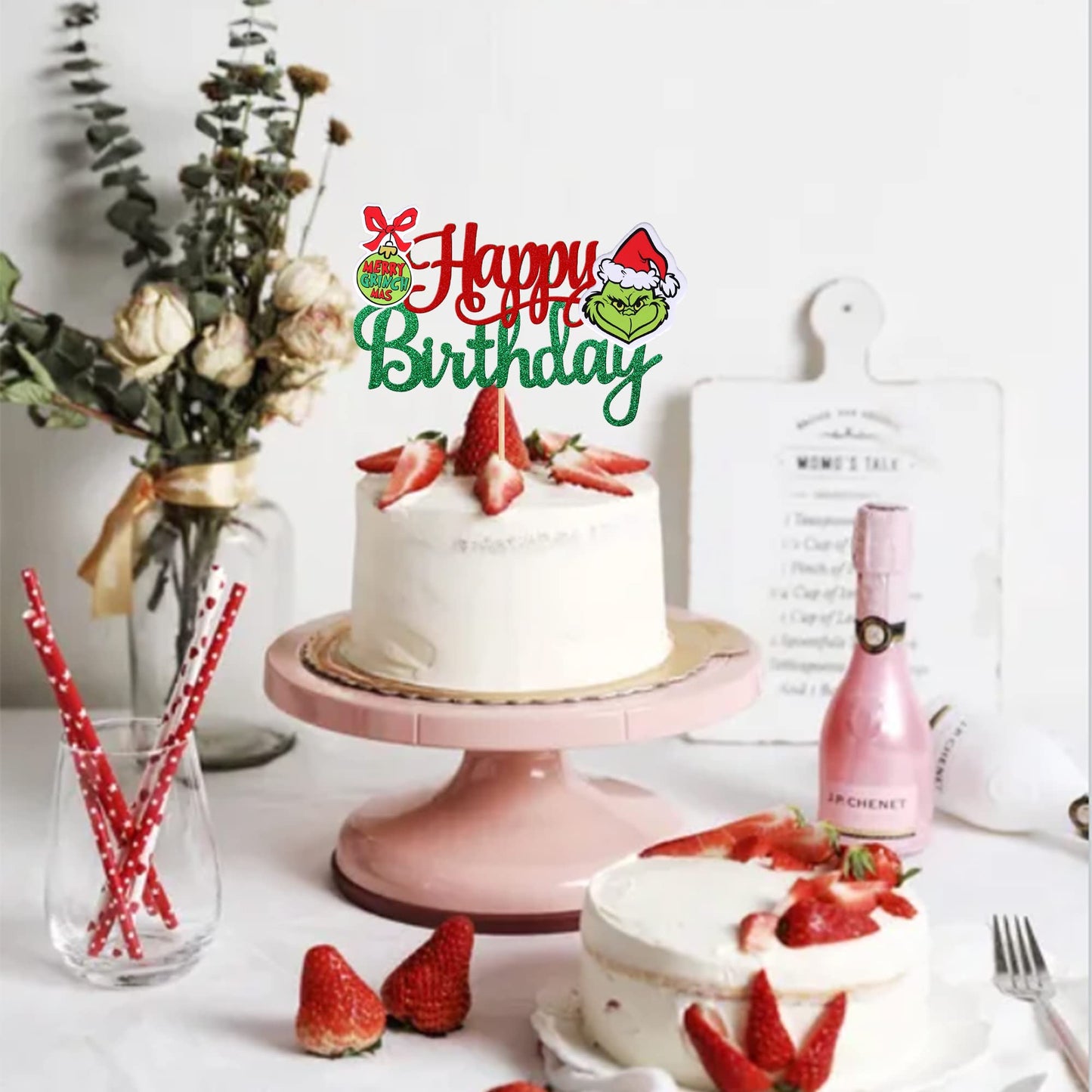 1 Pcs Glitter Grinch Happy Birthday Cake Topper Assembled Merry Christmas Grinch Cake Pick For Christmas Theme Baby Shower Kids