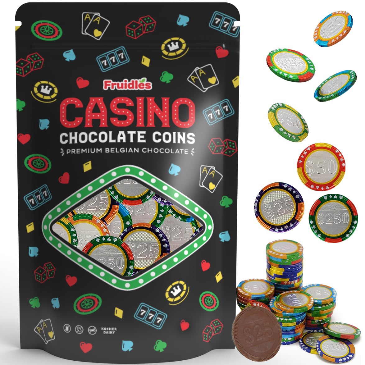 Fruidles Casino Poker Chips, Belgian Milk Chocolate Coins, Kosher Certified, Non GMO, 50-Pack