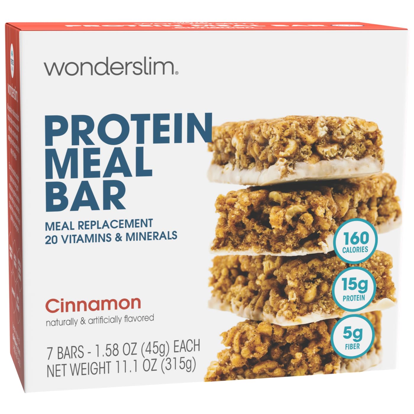 WonderSlim Meal Replacement Protein Bar, Cinnamon, 15g Protein, 20 Vitamins & Minerals, Gluten Free (7ct)