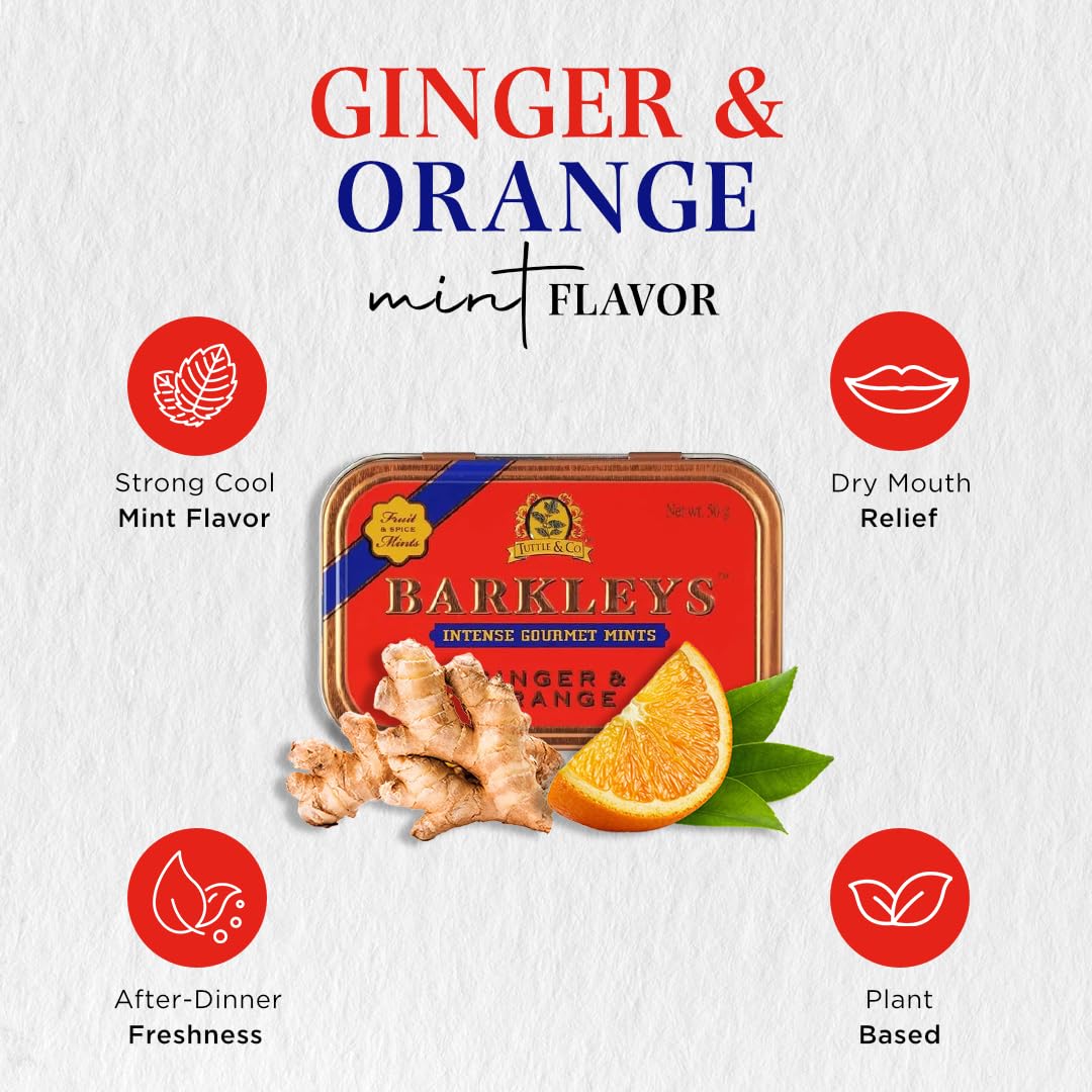 Barkleys Gourmet Ginger & Orange Mints - Vegan Breath Mints in Classic Travel Tin, 50-count, 1 Pack